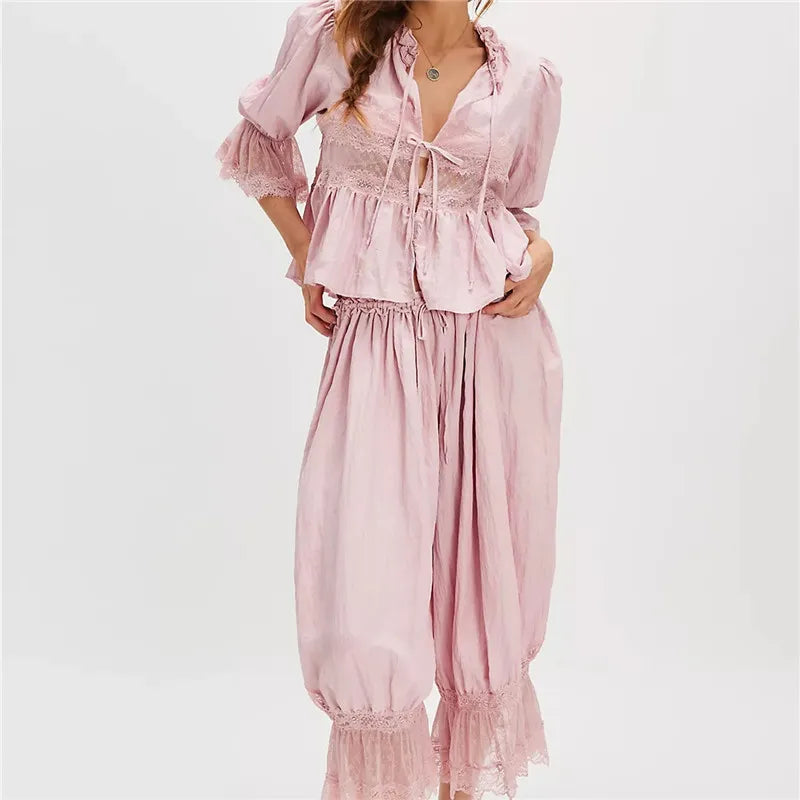 hirigin Women Lace Trim 2 Piece Pajamas Sets Y2k Bow Tie Front Short Sleeve Shirts + Ruffle Flared Lantern Pants Loungewear