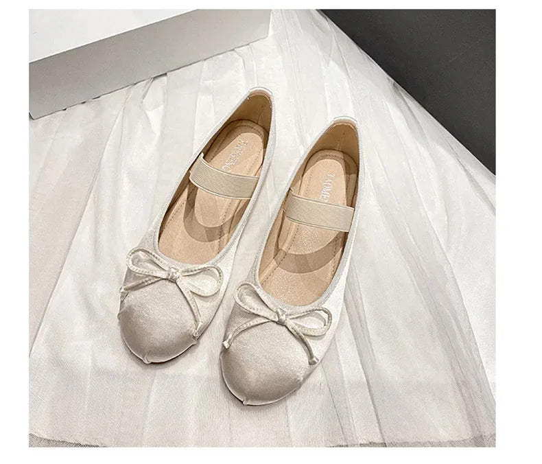 Round Toe Bow Satin Mary Jane Ballet Flats for Women