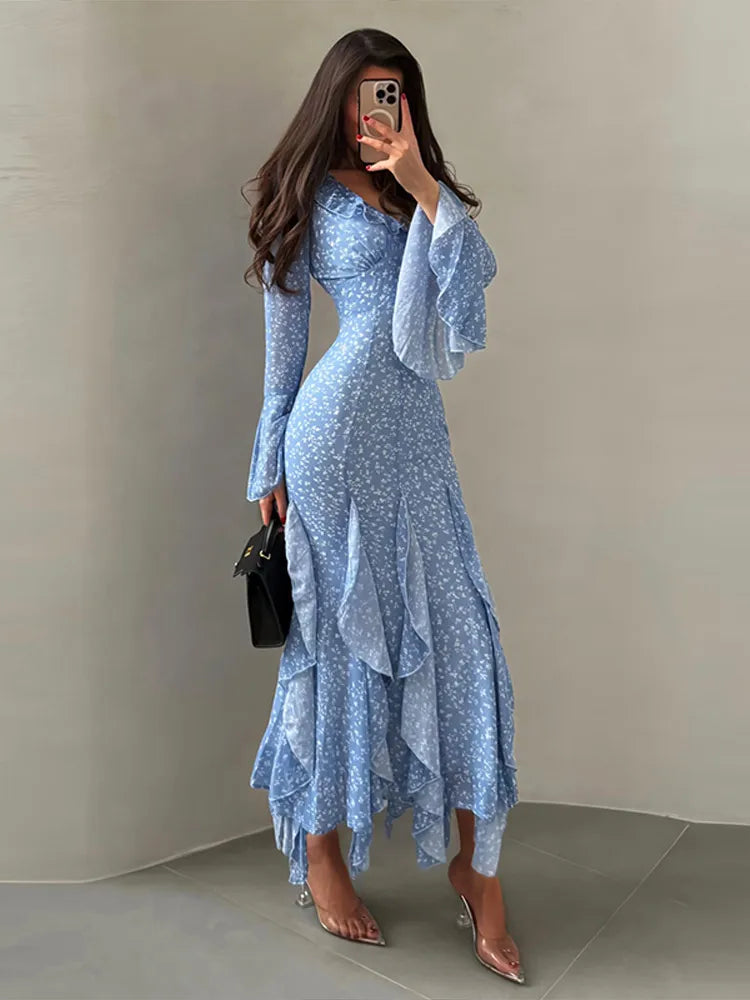 Printed V Neck Ruffle Sleeve Mid Calf Dress for Women