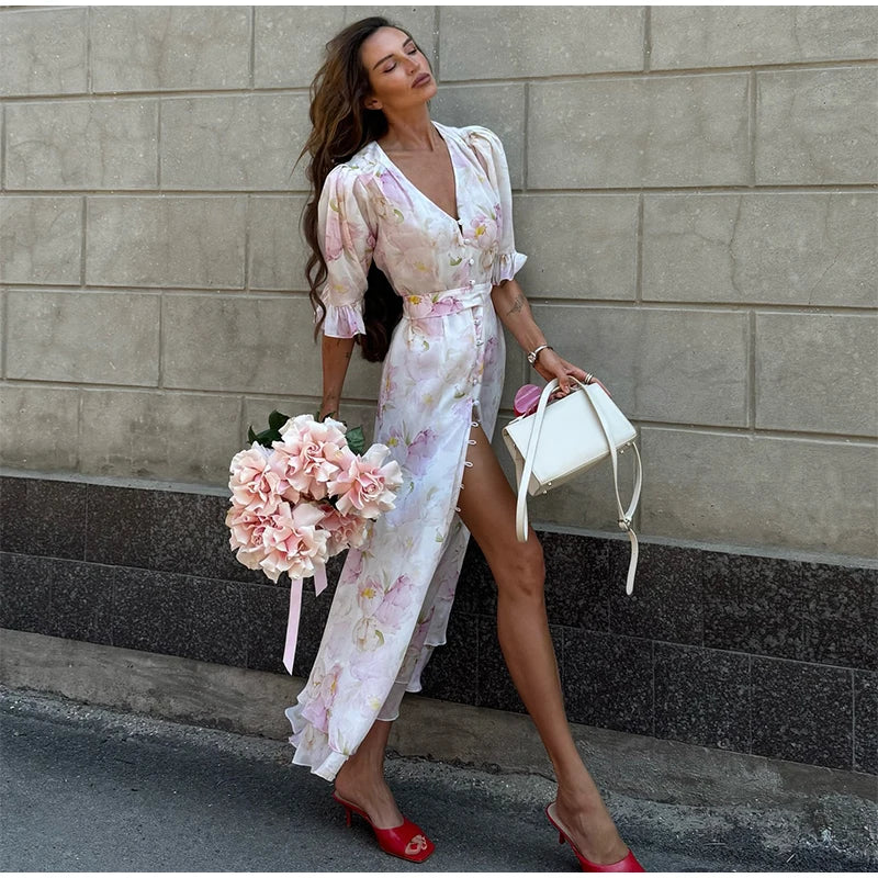 Printed Organza Deep V-neck Half Sleeve Cinched Waist Pleated Dress for Women