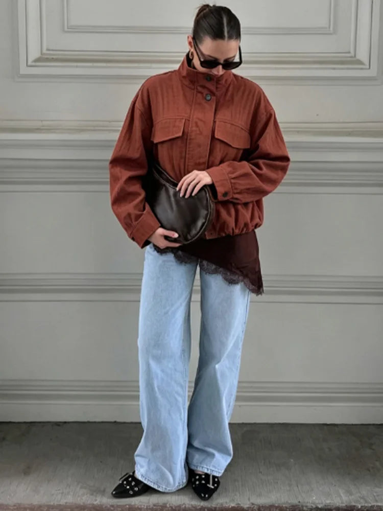 Casual Solid Loose Jacket Stand Collar With Big Pockets for Women