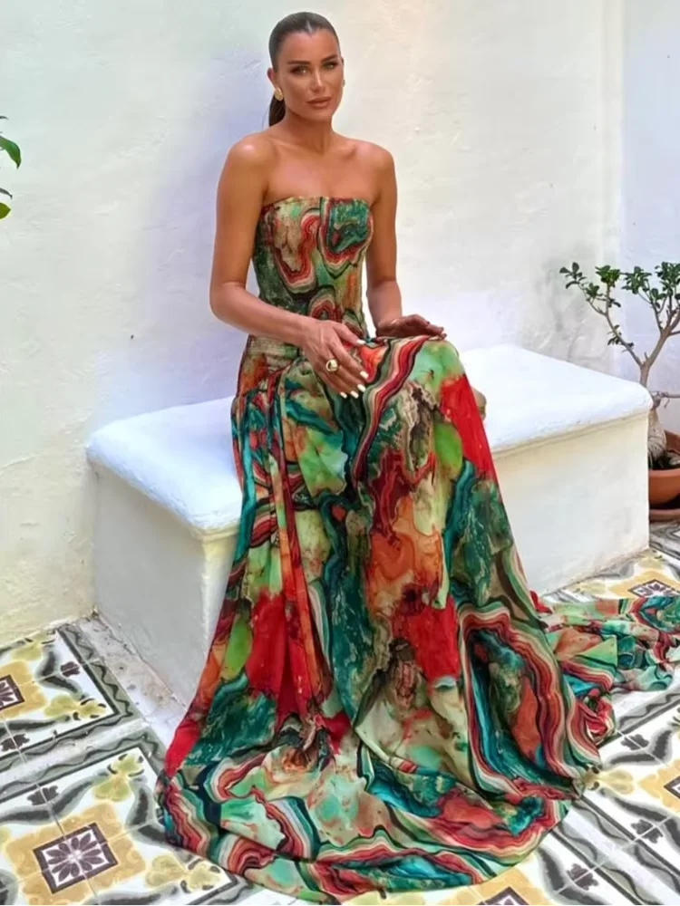Strapless Pleated Waist Printed Cocktail Dress For Women
