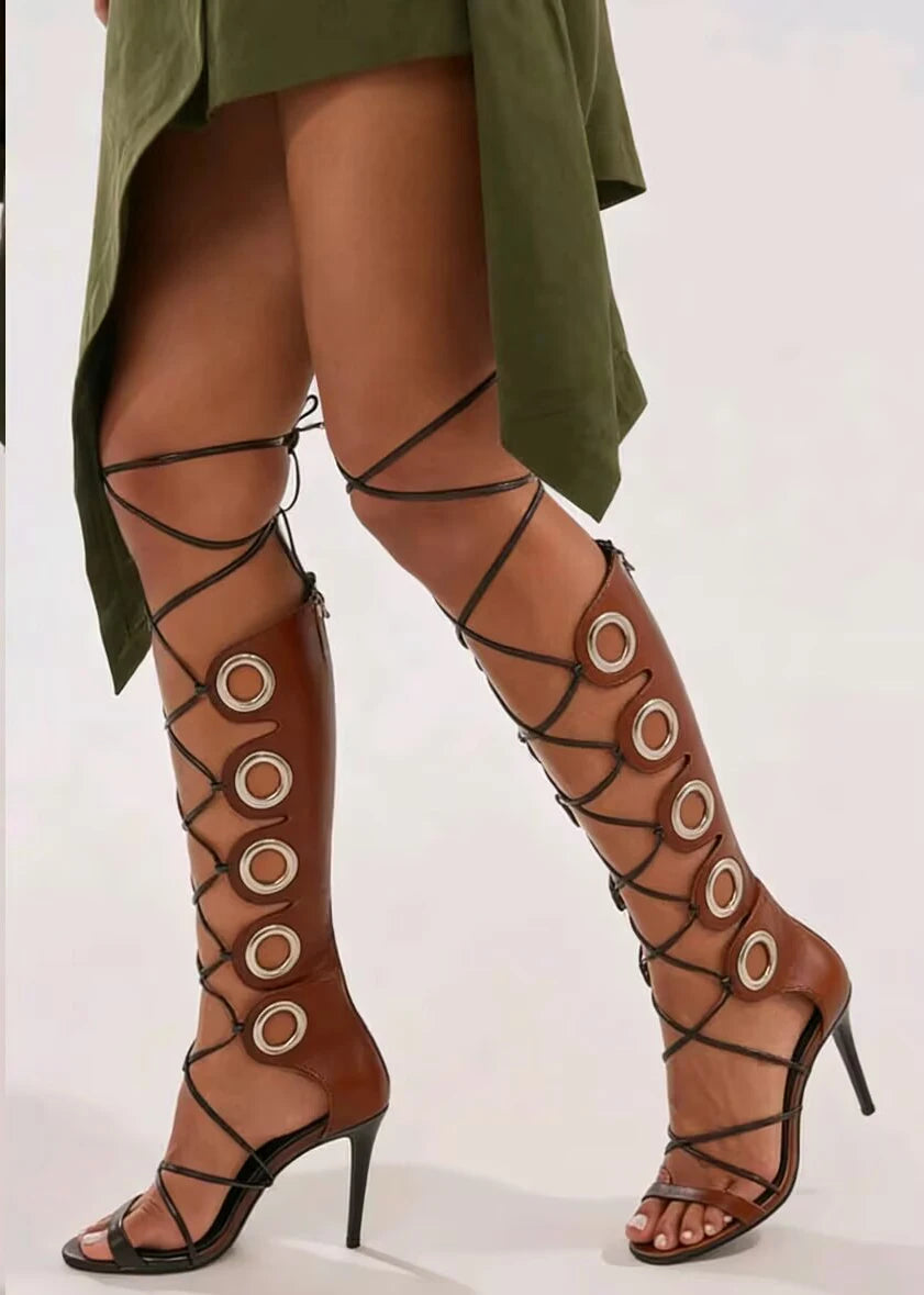 Versatile Casual High Heel Lace-Up Sandals with Circle Ring Decor Toe for Women