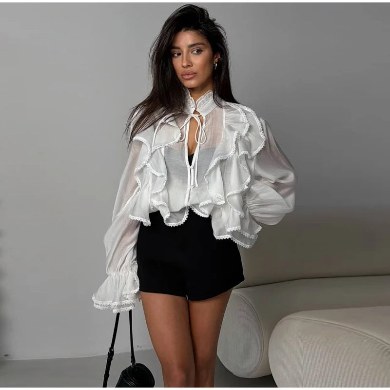 Elegant Long Sleeve Cascading Ruffle Blouse for Women