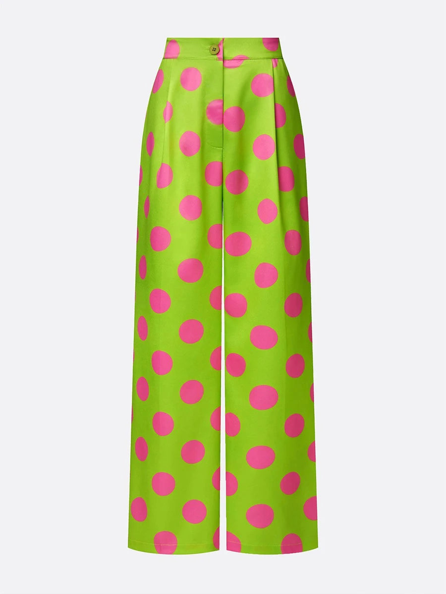 Bonboho Women's High Waist Polka Dot Pants Bright Green with Pink Dots Wide Leg Trousers 2026 Summer Casual Commuter Bottoms