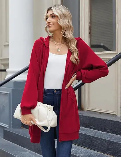 Solid Color Long Sleeve Zippered Hoodies For Women