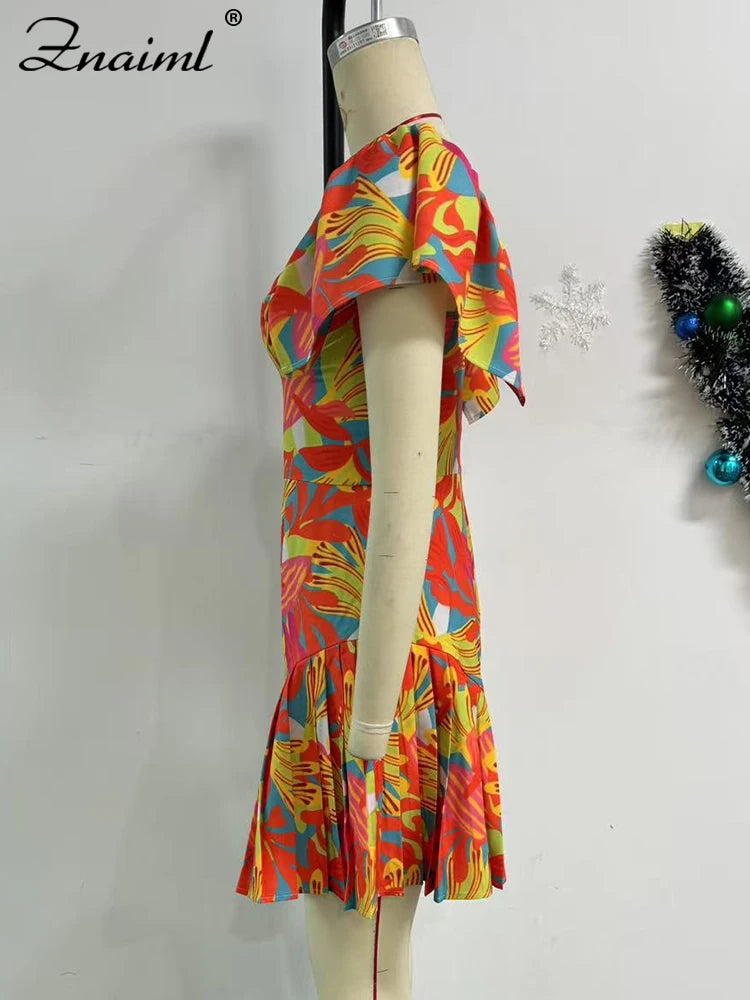 Znaiml Fashion Summer Playsuit Low Cut Short Sleeve Pleated Ruffles Printing Playsuit Women Boho African Orange Short Jumpsuit