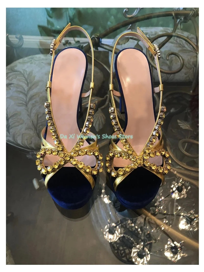Rhinestone Bow Open Toe Velvet Stilettos for Women