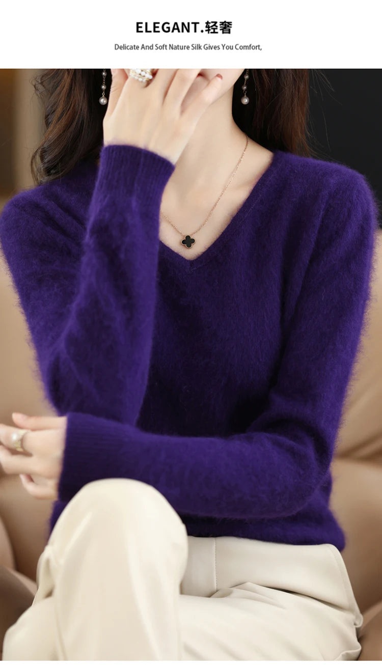 Soft Warm Loose Fit V Neck Cashmere Sweater for Women