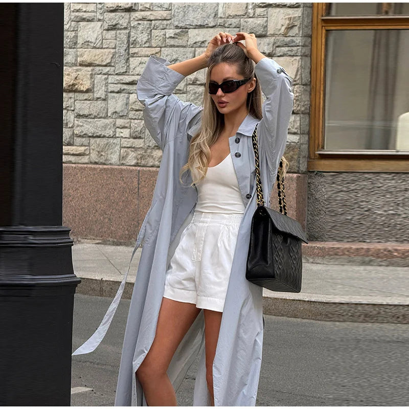 Lapel Collar Button Front Long Trench Coat With Waist Belt for Women