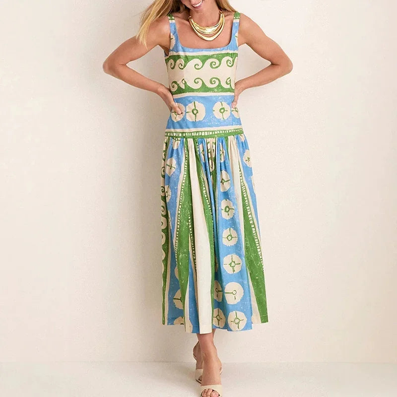 Printed Sleeveless Backless V Neck Midi Dress for Women