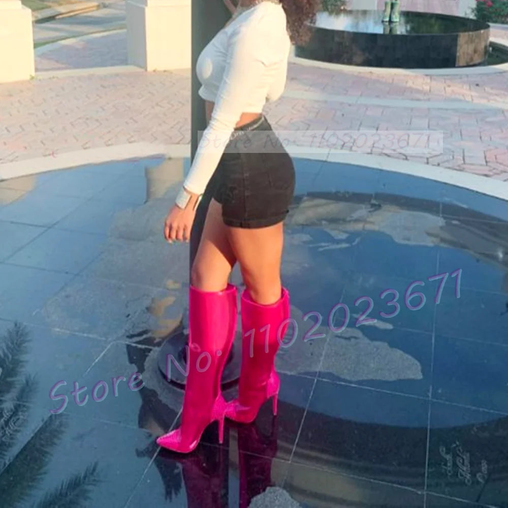 Pink Pvc Pointy Knee High Boots Female Sewing Crystal Patchwork Toe High Heels Shoes Women Punk Spring Party Long Side-zip Boots