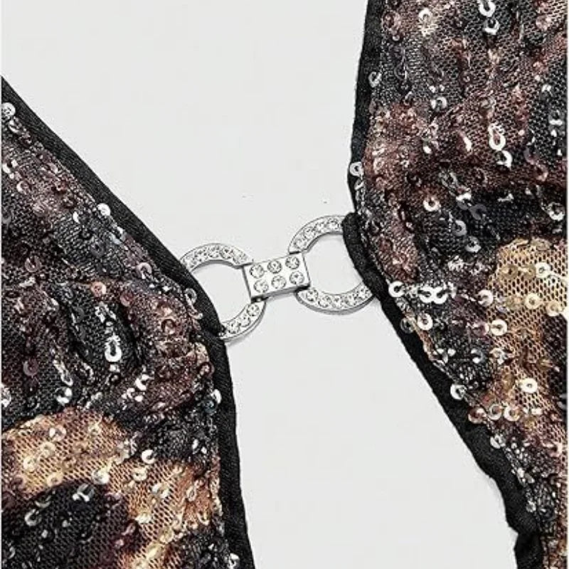 Sequin Snake Print Open Back Sleeveless Halter Top for Women