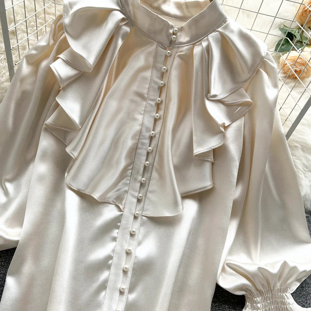 Elegant Satin Ruffle Long Sleeve Blouse for Women