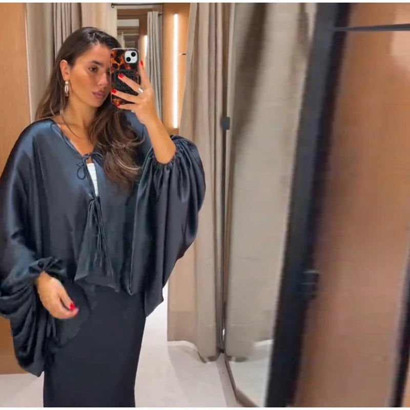 Casual Solid Batwing Sleeve Shirt Skirt Set for Women