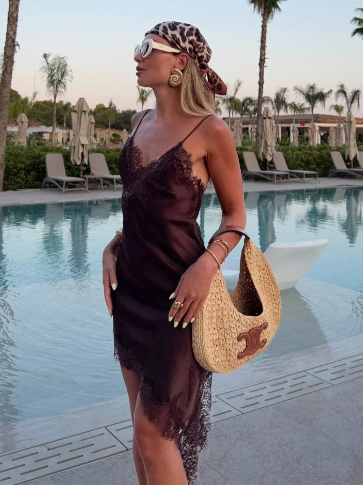 Brown Satin Lace Splicing Sling Dress Women Elegant Irregular Hem V Neck Backless Sleeveless Gown Chic Women Party Club Vestidos