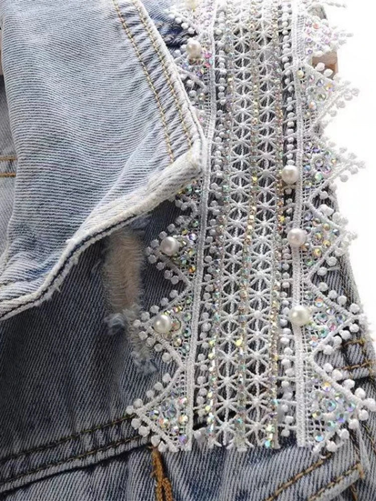Fashion Lace Beaded Denim Vest Women Cardigan 2025 New Spring Sleeveless Jacket Fashion Loose Vintage Jeans Waistcoat Tide R359