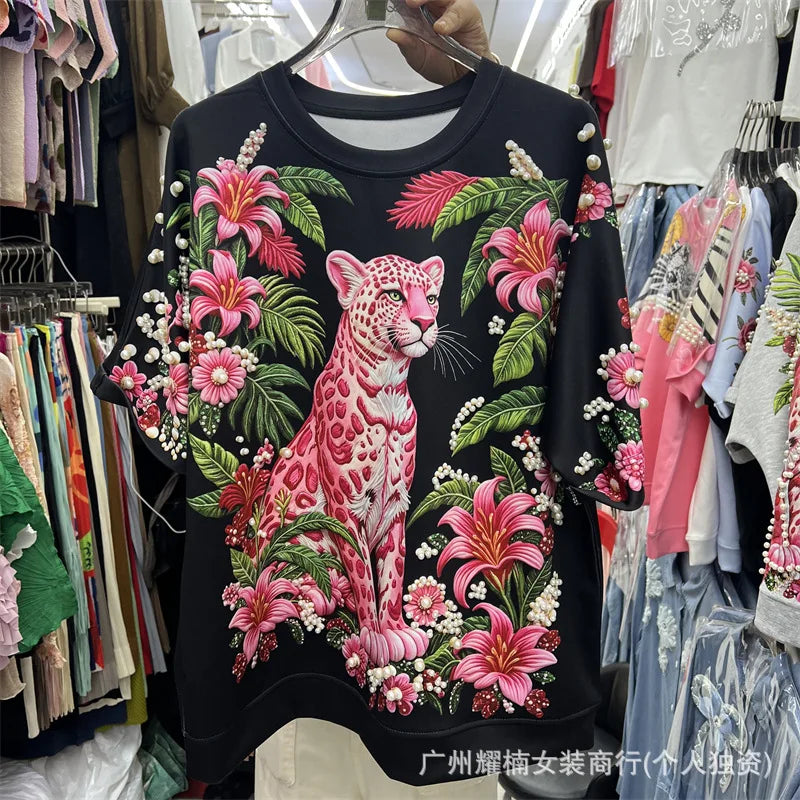 Relaxed Fit Beaded Animal Print Crew Neck Tee For Women