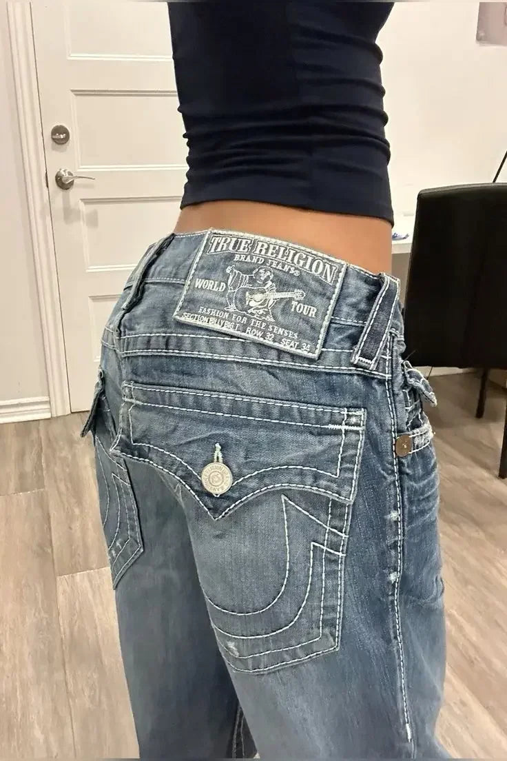 Harajuku Angel wings Embroidery Jeans Casual Denim Pants High Waist Straight Wide Leg Jeans Vintage Y2k 2000s Women Clothing