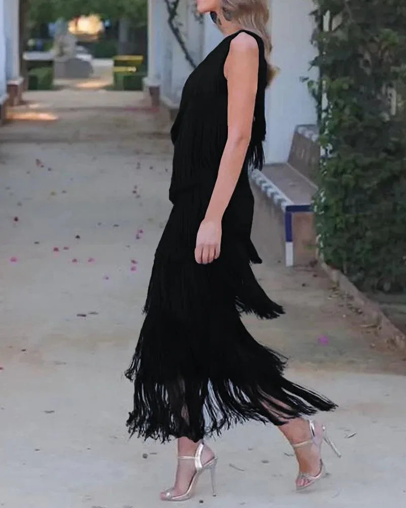 Diagonal Collar Tassel Sleeveless Summer Dress for Women
