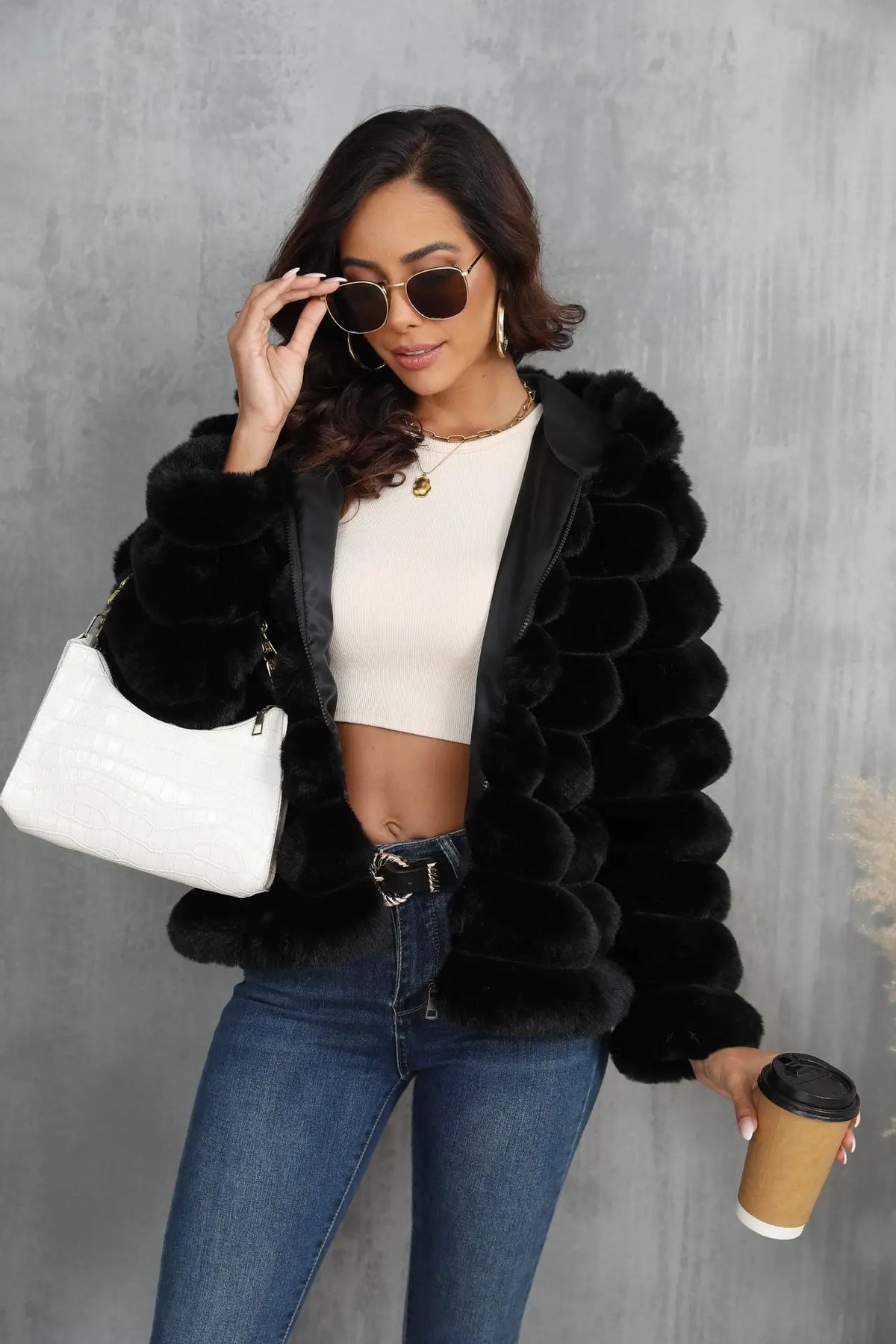 Warm Hooded Short Faux Fur Coat With Turn Down Collar for Women