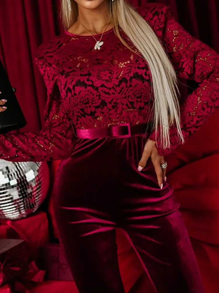 Spring Summer Wide Leg Pants Simple Bodysuits, Women Long Sleeve Lace Patchwork Jumpsuits, 2025 O Neck Backless Ladies Playsuits