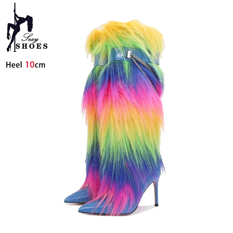 Elegant Faux Fur Knee High Stiletto Boots for Women