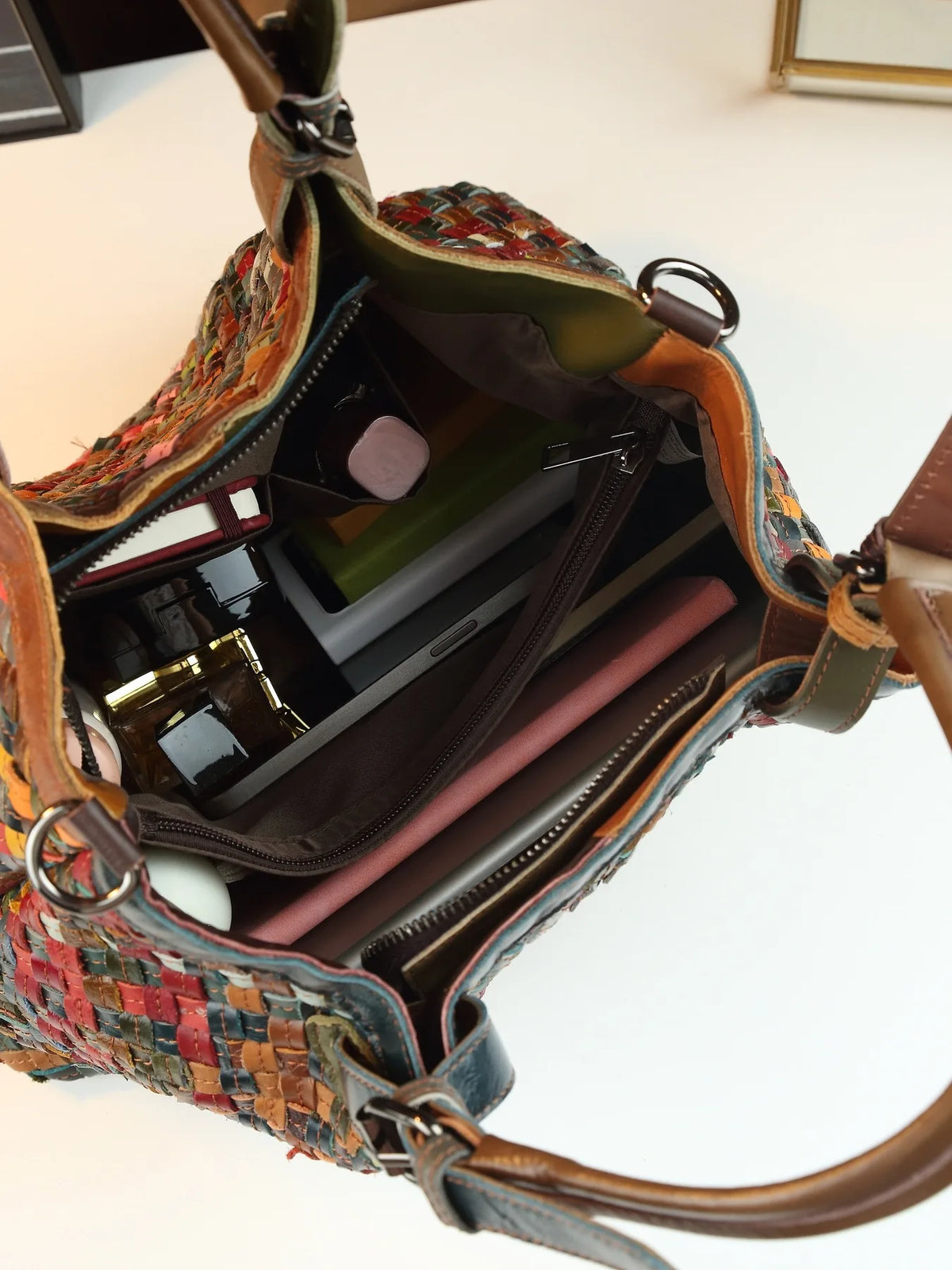 ABQP New Women's Handbag Made of Genuine Leather Hand Woven Women's Single Shoulder Crossbody Bag Color Spliced Women's Bag