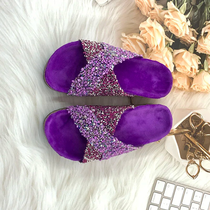 Summer Bling rhinestones Beach outside flat Women Slippers Fashion Casual Ladies Flip-Flops