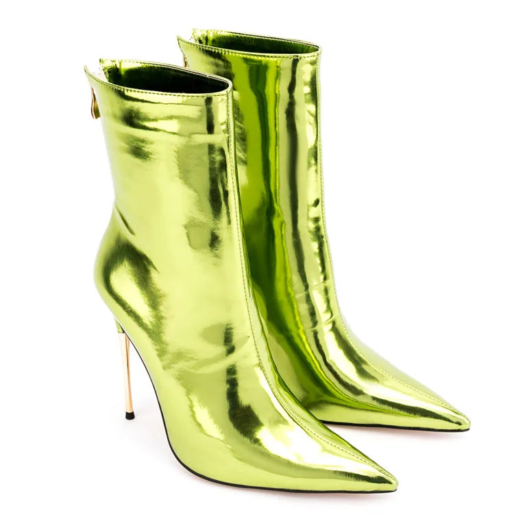 Shiny Blue Mirror Stiletto Boots with Side Zipper for Women