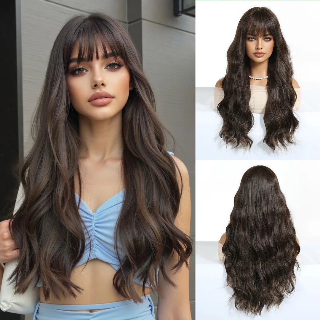 Ombre Blonde Long Wavy Wig With Bangs for Women