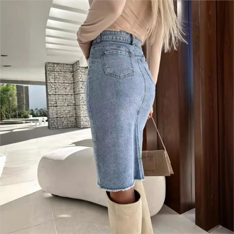 Denim Package Hip Skirt Sexy Pencil Y2K Fresh Sweet Denim Skirts Women Slit Fashionable Casual Solid Color Jeans Skirts