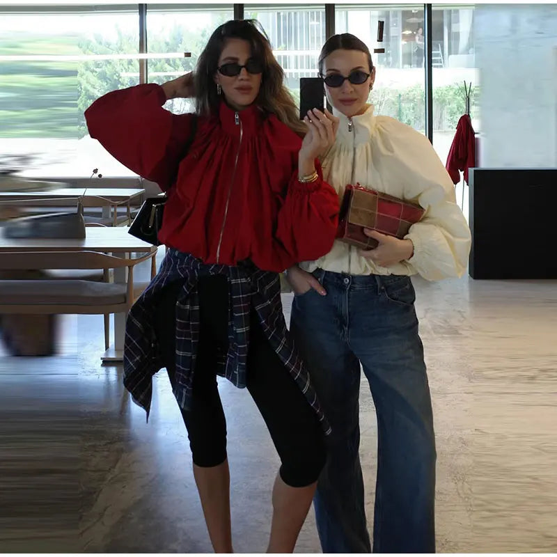 Zip Up High Neck Puff Sleeve Cropped Jacket For Women