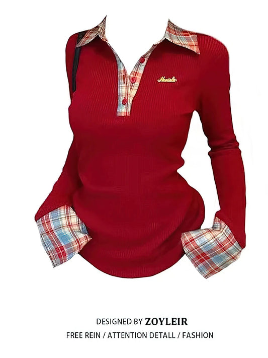 Preppy Polo Neck Knit Long sleeve T shirt Women False 2 Piece Korean Fashion Plaid Top V neck Basic Blouses Tees 2025 New
