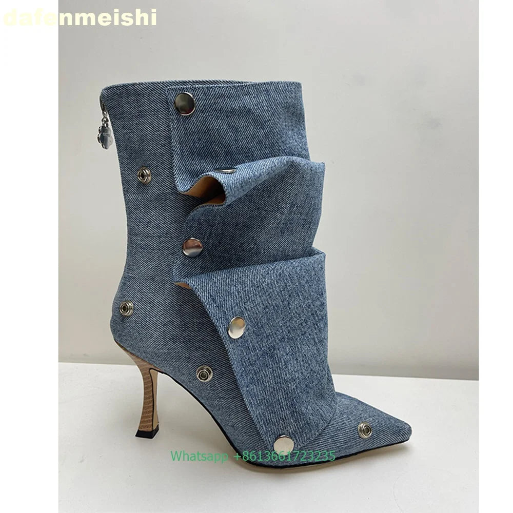 Pleated Stiletto Pointed Toe Leather Ankle Boots With Rivet Buckle For Women