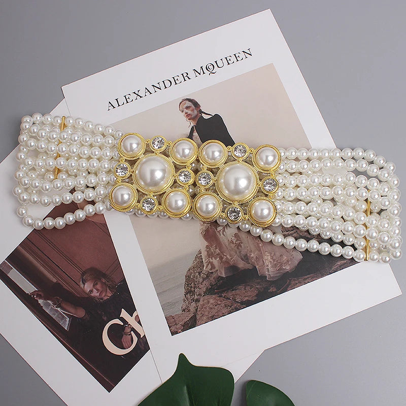 Pearl Embellished Elastic Waist Chain Belt for Women