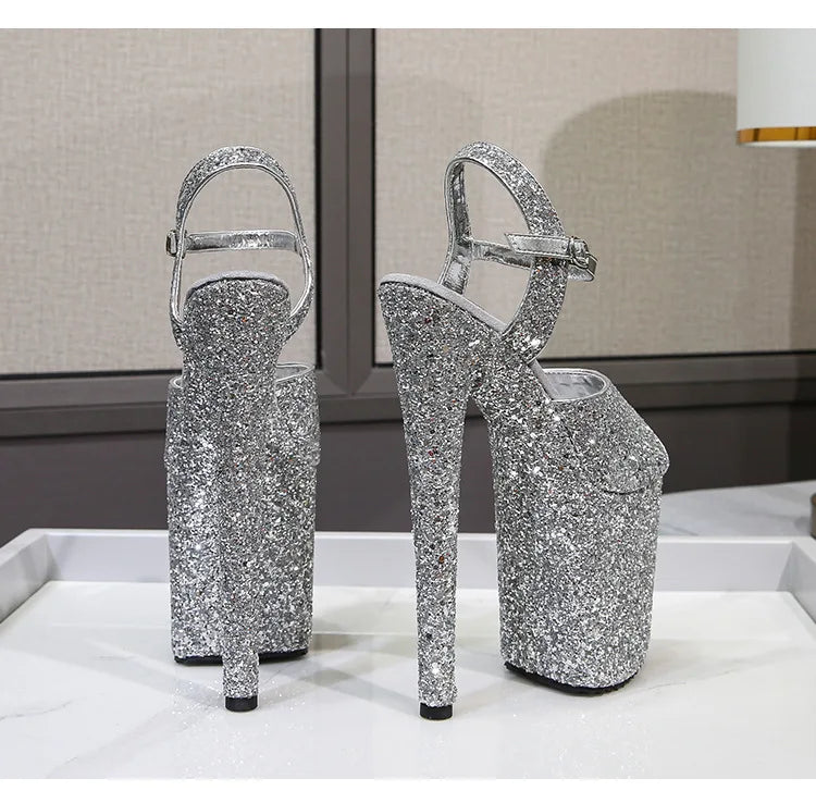 Elegant Sequined Gold High Heel Platform Sandals for Women