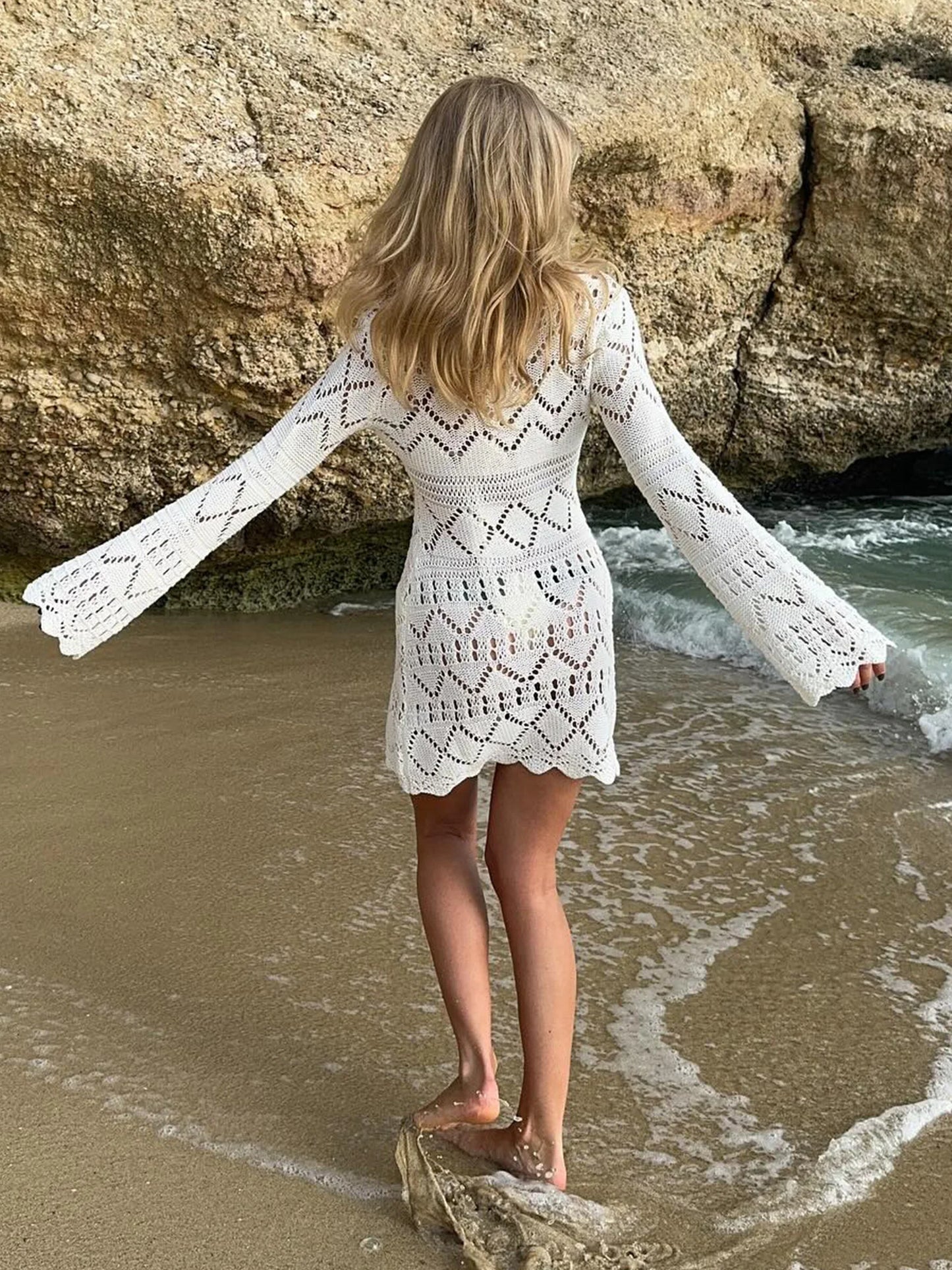 Sexy Knit Hollow Out V Neck White Slim Ruffled Edge Long Sleeve Beach Mini Dress 2025 New Women Vacation Swimsuit Cover Up K241