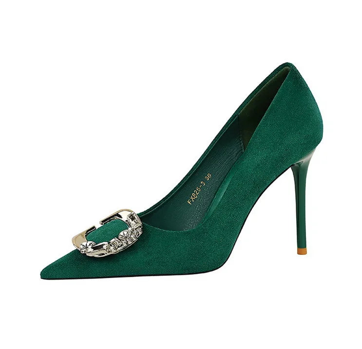 Elegant Rhinestone Buckle Suede High Heel Pumps for Women