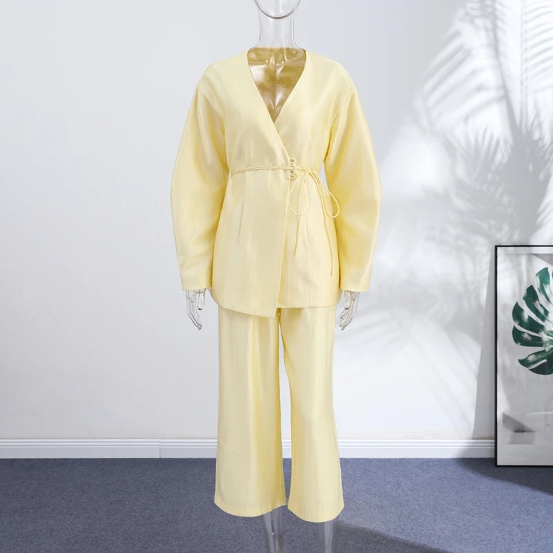 Lace Up Jacket and Wide Leg Pants Suit Set for Women