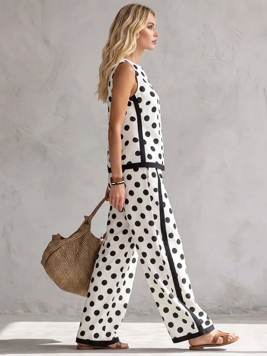 Bonboho Women Black White Polka Dot Wide Leg Pants Contrast Black Strip Side Loose Casual Trousers Stylish Matching Pants