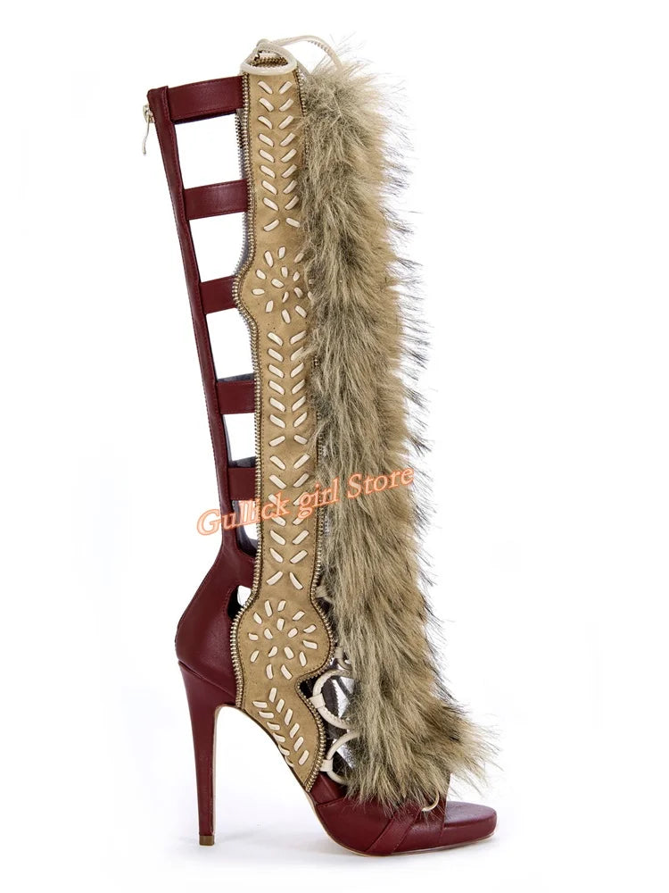 Faux Fur Open Toe Knee High Sandal Boots for Women