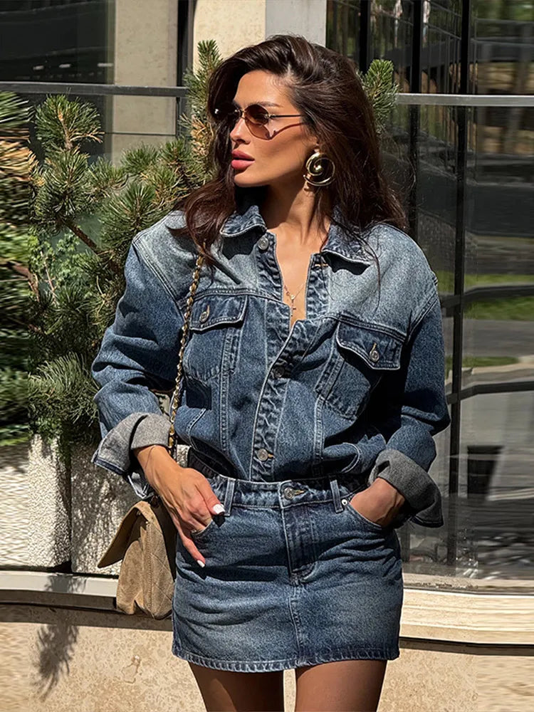High Waisted Acid Wash Denim Two Piece Set For Women
