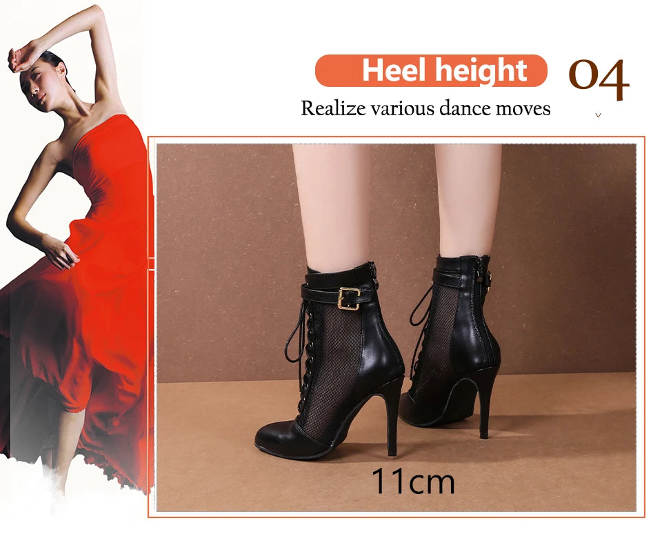 Black Mesh Latin Dance Booties With High Heels for Women