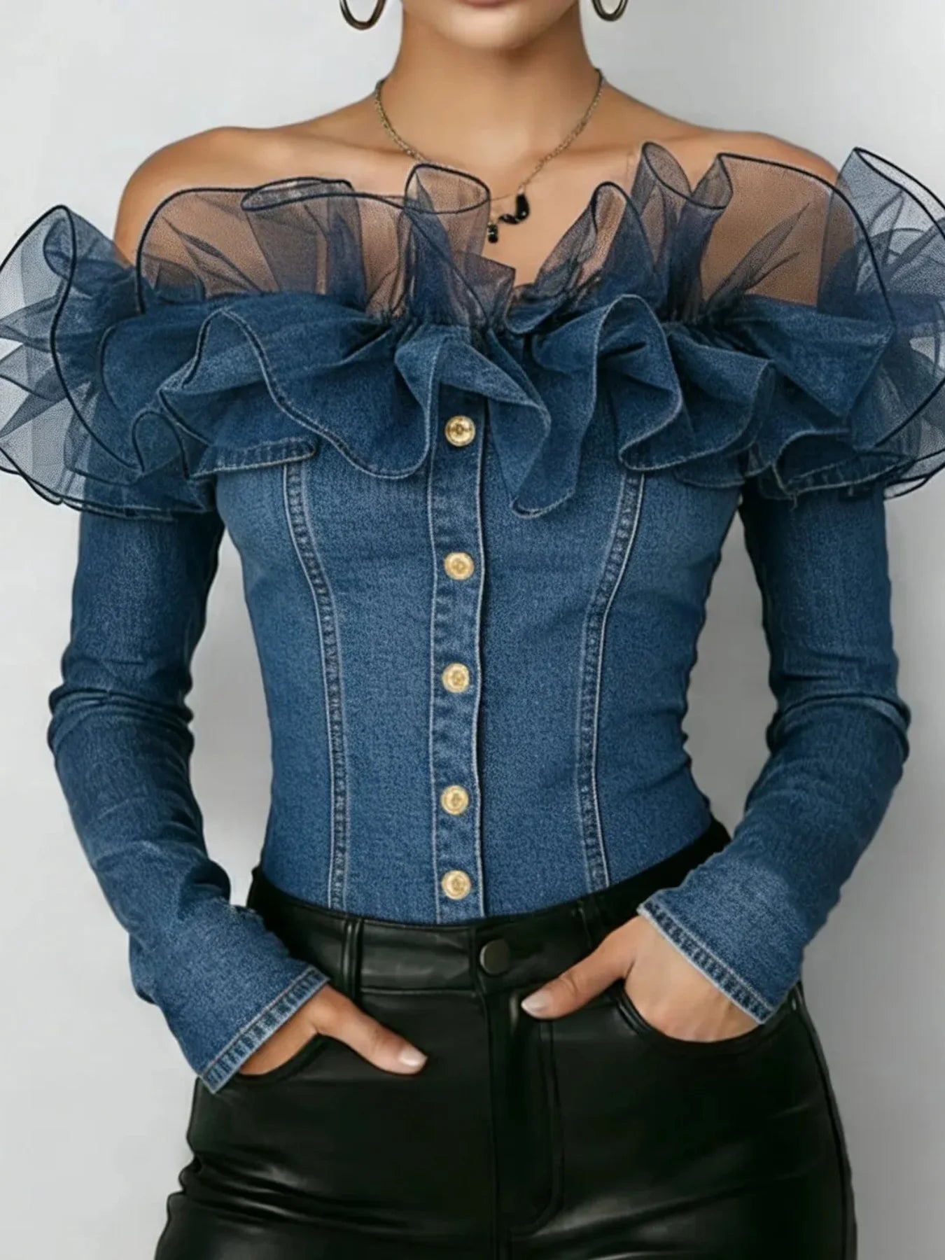 Retro Denim Off Shoulder Top With Mesh Ruffles Long Sleeve Slim Fit For Women