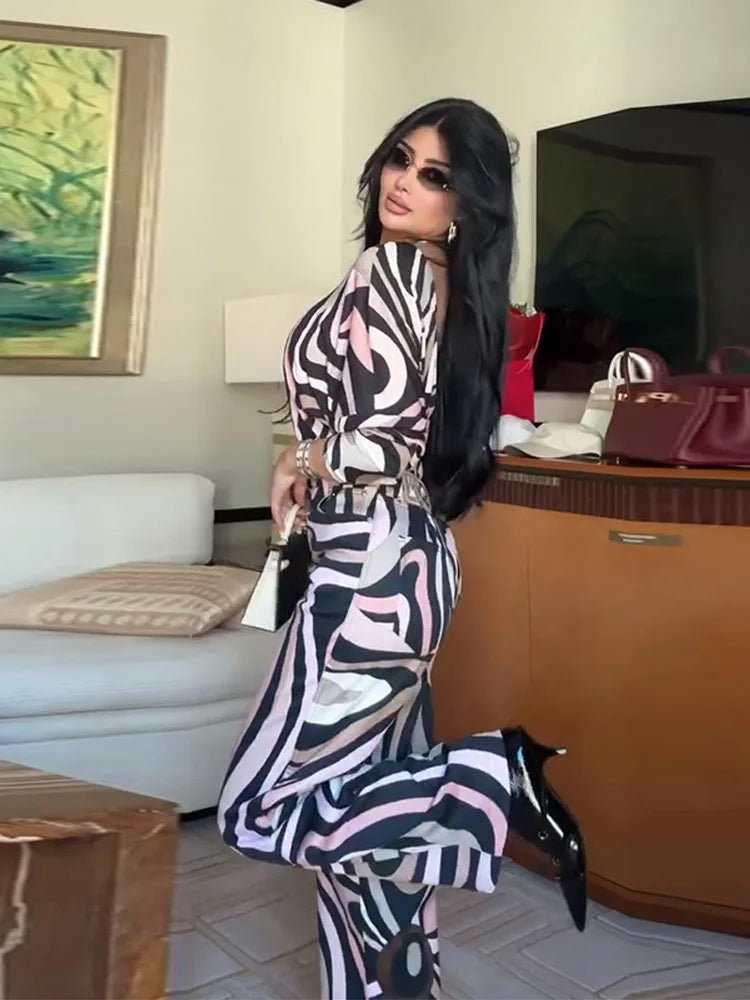 Geometric Print Top pant suits Women two pieces set round neck long sleeve Blouse loose pant Vacation Beach vacation pant outfit