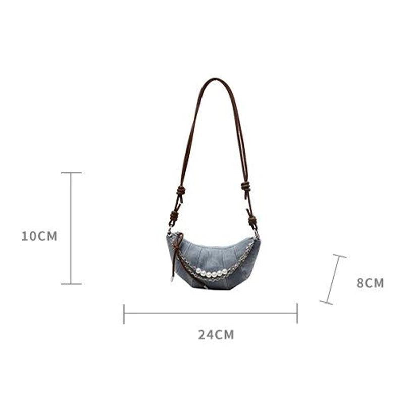 Retro Denim Dumpling Bag Creative Horn Design Pearl Pendant Messenger Bag Brand High-grade Leather Ladies Versatile Shoulder Bag