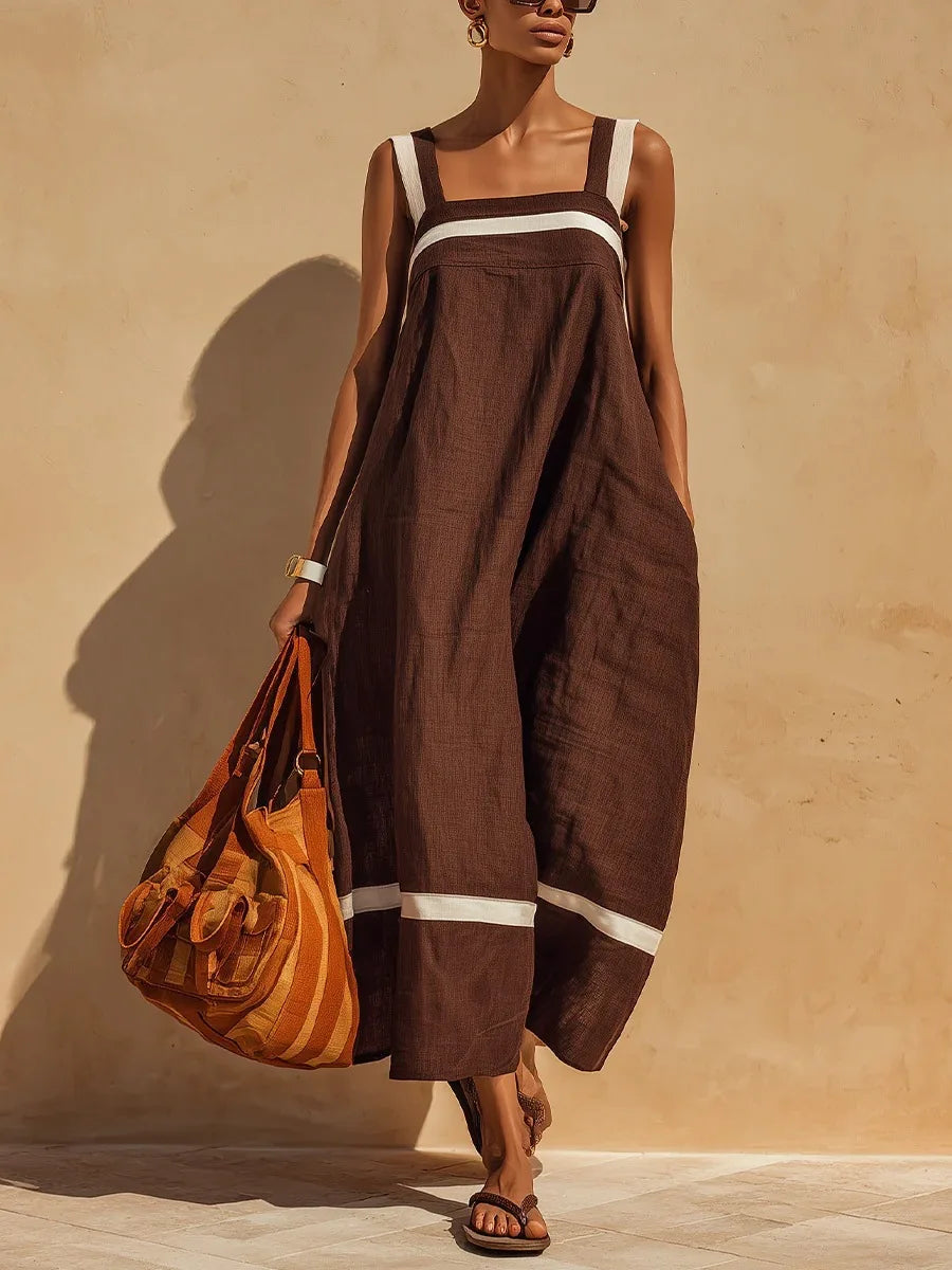 Contrasting Color Stripe Square Neck Spaghetti Strap Pocket Dress for Women