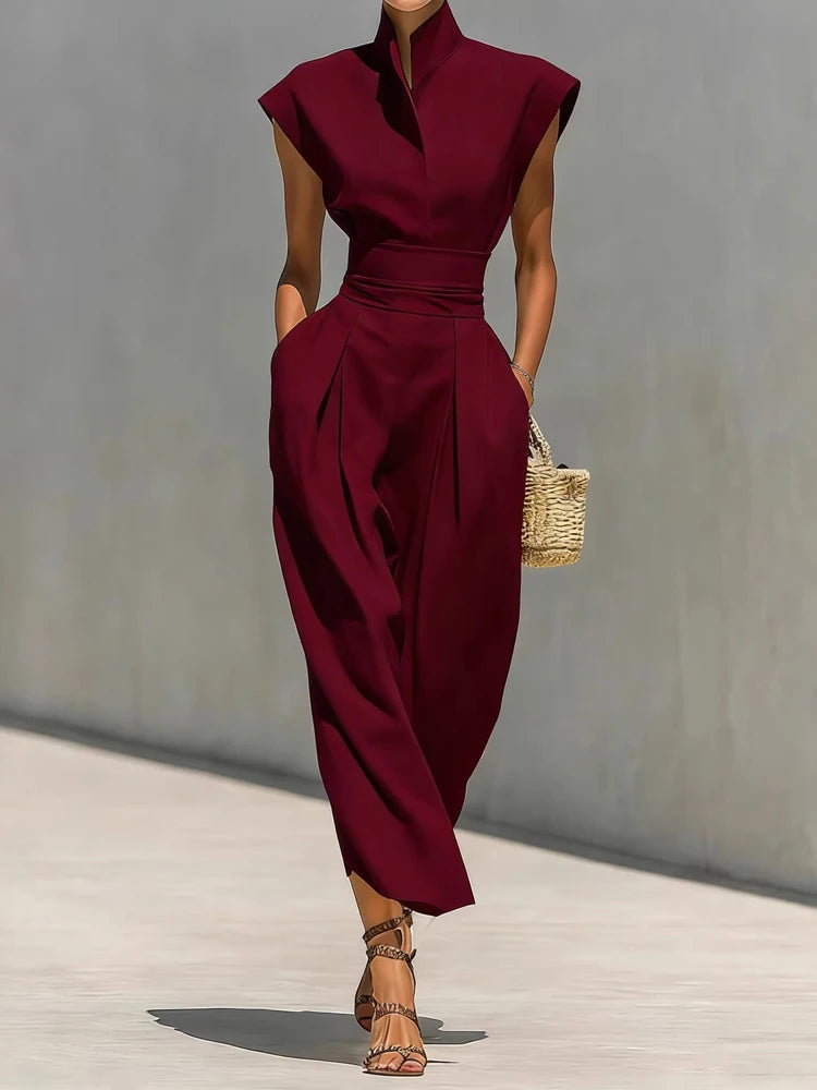 Elegant Stand Collar Pocket Summer Long Dress for Women