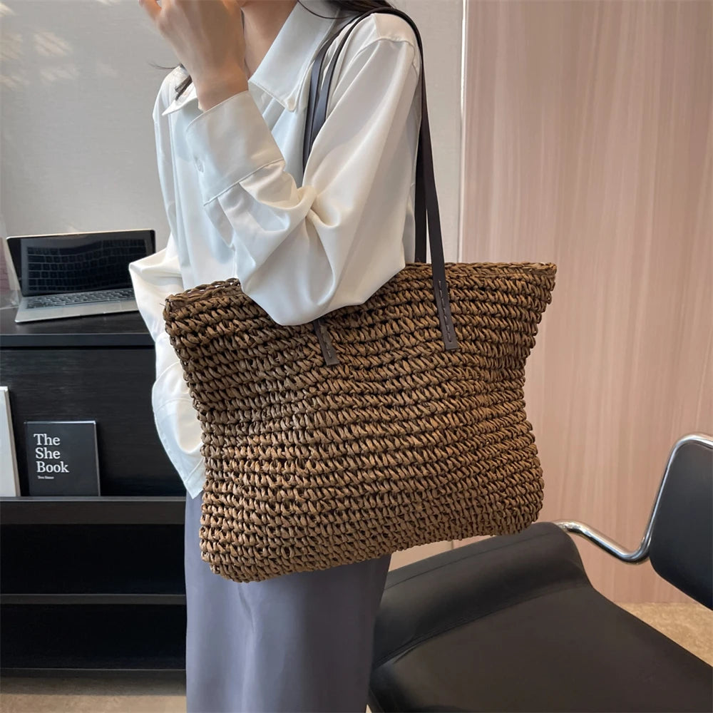 Large Capacity Straw Woven Shoulder Tote Bag for Women